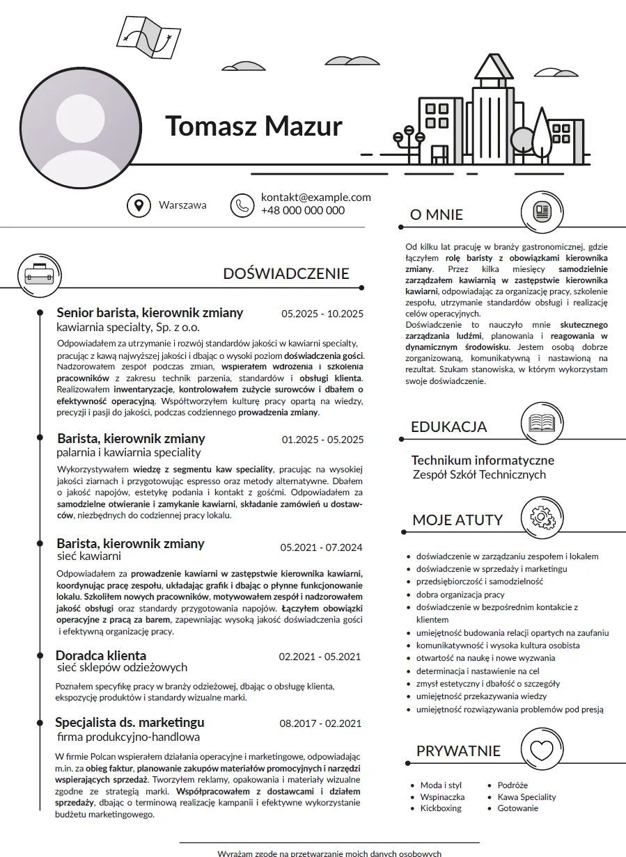 CV kierownika zmiany w kawiarni — projekt Marcina Dziubaka